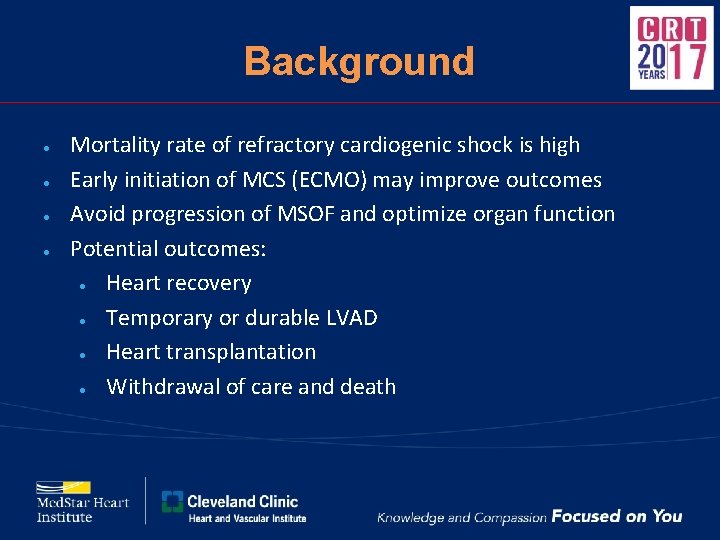 Background ● ● Mortality rate of refractory cardiogenic shock is high Early initiation of