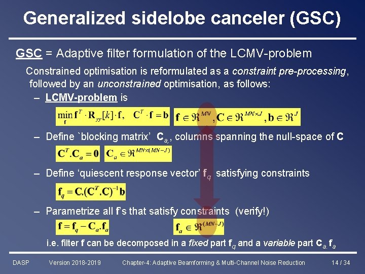 Generalized sidelobe canceler (GSC) GSC = Adaptive filter formulation of the LCMV-problem Constrained optimisation