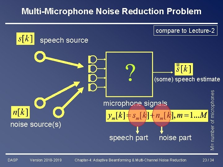 Multi-Microphone Noise Reduction Problem compare to Lecture-2 speech source (some) speech estimate microphone signals