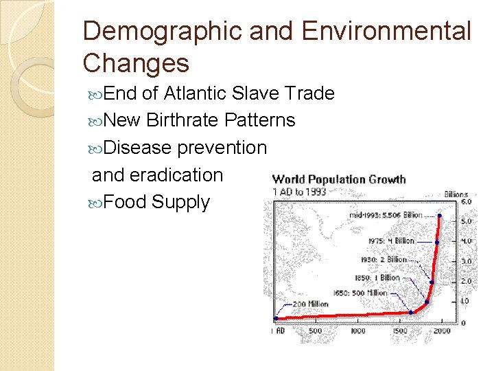 Demographic and Environmental Changes End of Atlantic Slave Trade New Birthrate Patterns Disease prevention