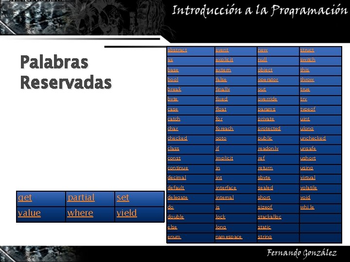 Palabras clave contextuales Palabras Reservadas get partial set value where yield abstract event new