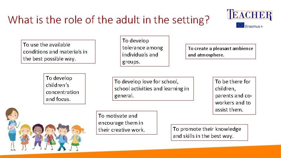 What is the role of the adult in the setting? To use the available