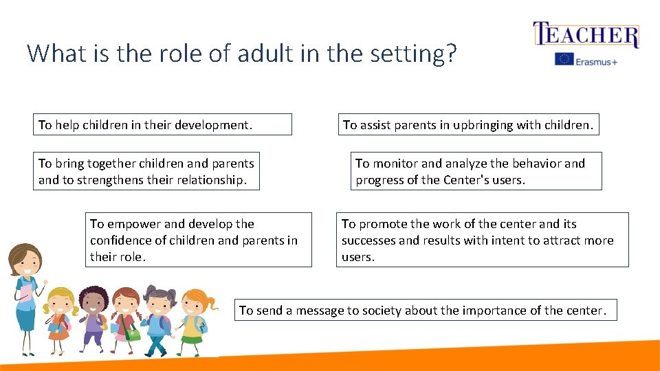 What is the role of adult in the setting? To help children in their