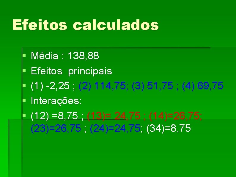 Efeitos calculados § § § Média : 138, 88 Efeitos principais (1) -2, 25