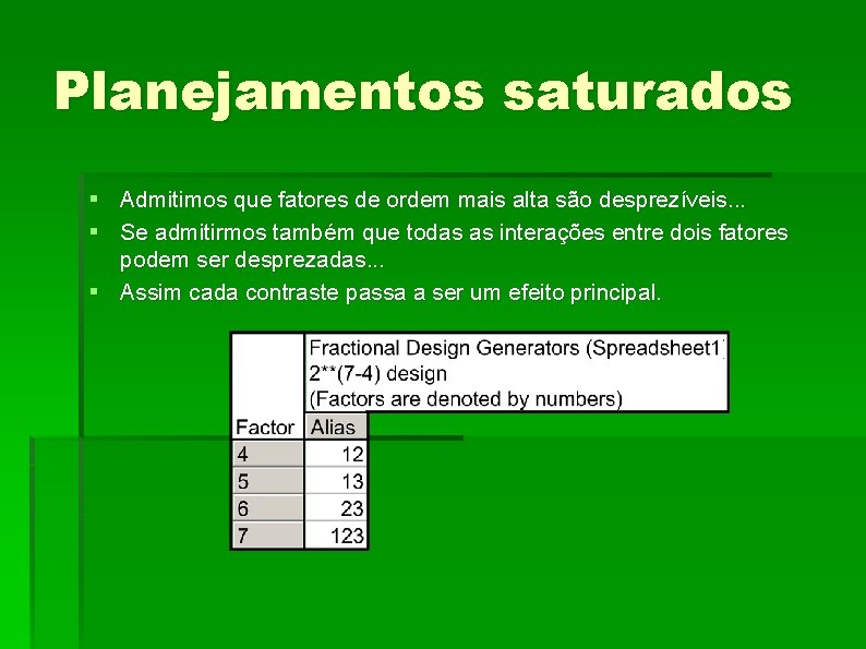 Planejamentos saturados § Admitimos que fatores de ordem mais alta são desprezíveis. . .