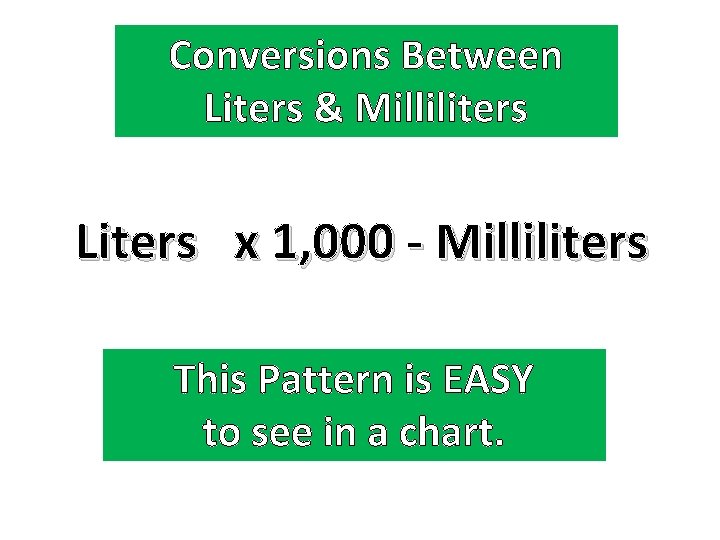 Conversions Between Liters & Milliliters Liters x 1, 000 - Milliliters This Pattern is