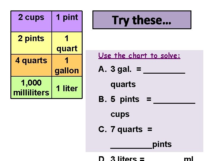 2 cups 1 pint 1 quart 4 quarts 1 gallon 1, 000 1 liter