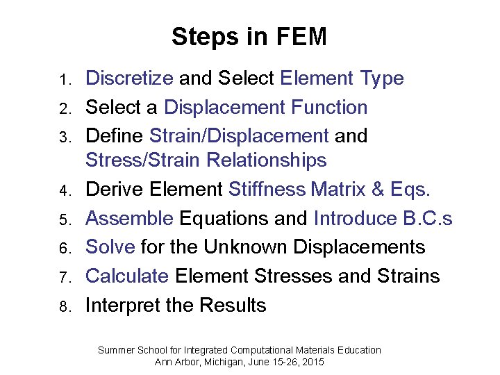 Steps in FEM 1. 2. 3. 4. 5. 6. 7. 8. Discretize and Select