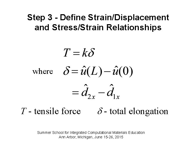 Step 3 - Define Strain/Displacement and Stress/Strain Relationships where T - tensile force -