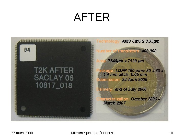 AFTER Technology: AMS CMOS 0. 35 mm Number of transistors: 400, 000 Area: 7546