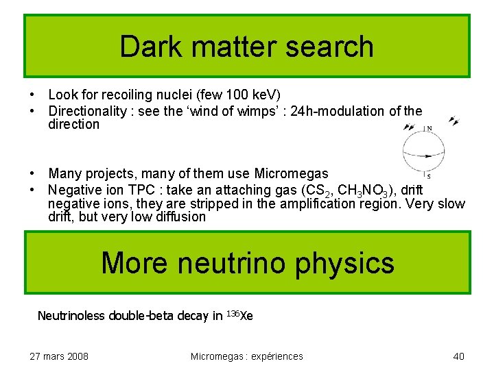 Dark matter search • Look for recoiling nuclei (few 100 ke. V) • Directionality