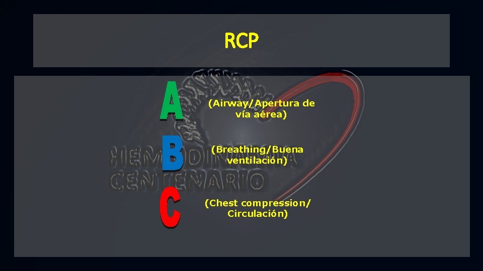 RCP (Airway/Apertura de vía aérea) (Breathing/Buena ventilación) (Chest compression/ Circulación) 