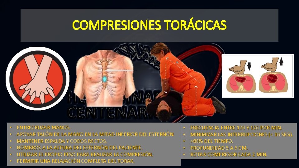 COMPRESIONES TORÁCICAS • • • ENTRECRUZAR MANOS. APOYAR TALÓN DE LA MANO EN LA