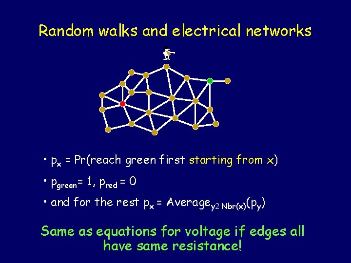 Random walks and electrical networks - • px = Pr(reach green first starting from