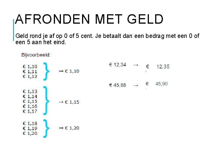 AFRONDEN MET GELD Geld rond je af op 0 of 5 cent. Je betaalt