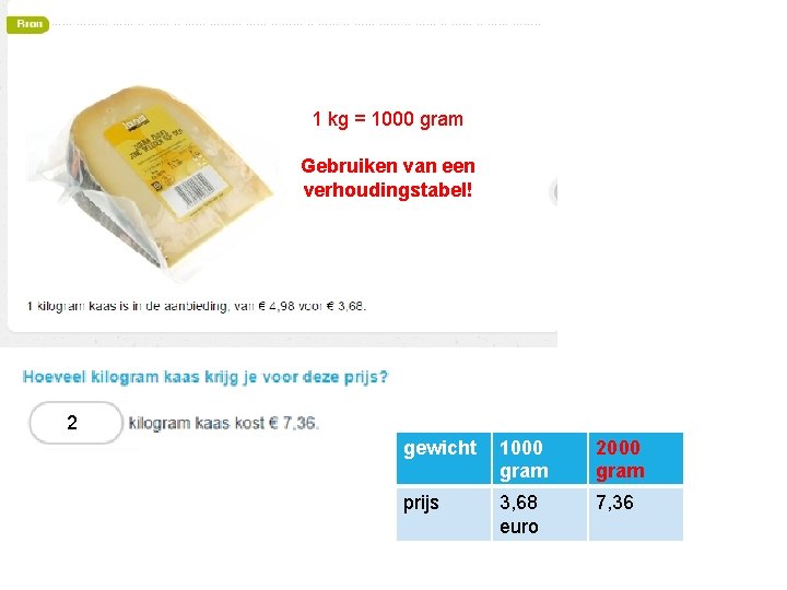 1 kg = 1000 gram Gebruiken van een verhoudingstabel! 2 gewicht 1000 gram 2000