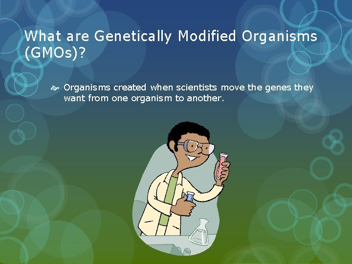 What are Genetically Modified Organisms (GMOs)? Organisms created when scientists move the genes they