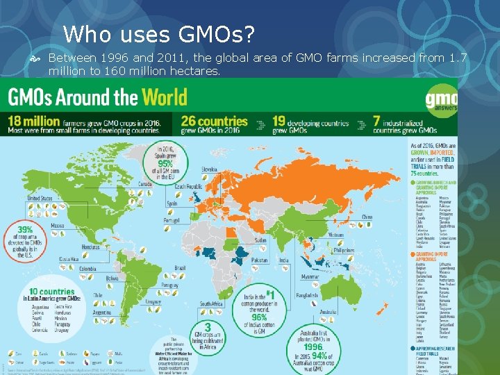 Who uses GMOs? Between 1996 and 2011, the global area of GMO farms increased