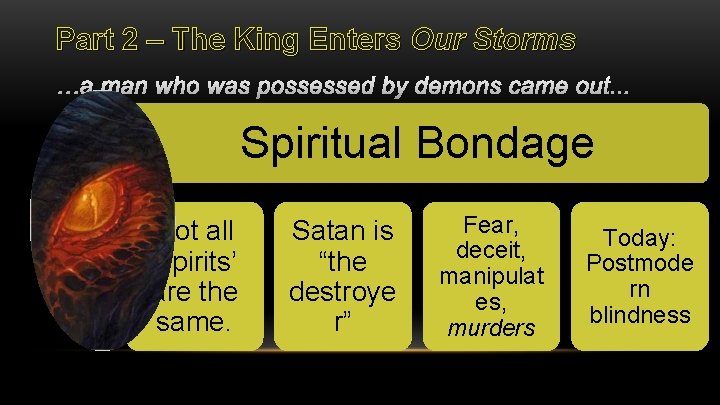 Part 2 – The King Enters Our Storms Spiritual Bondage Not all ‘spirits’ are