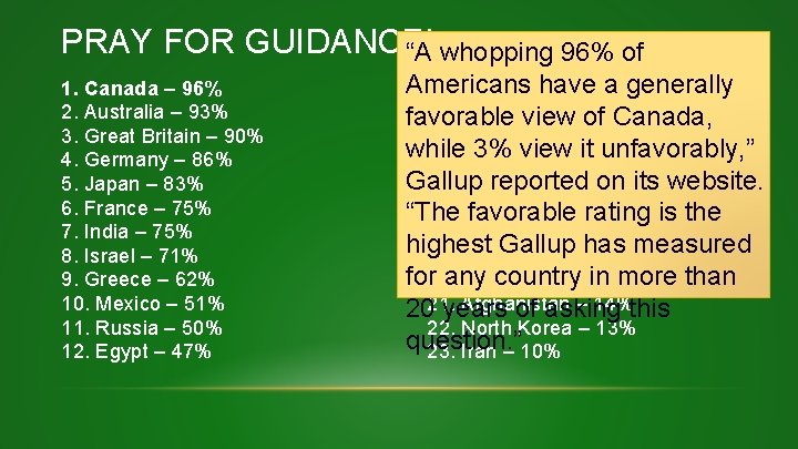 PRAY FOR GUIDANCE! “A whopping 96% of 1. Canada – 96% 2. Australia –