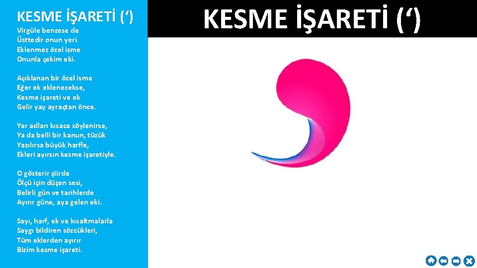 KESME İŞARETİ (‘) Virgüle benzese de Üsttedir onun yeri. Eklenmez özel isme Onunla çekim