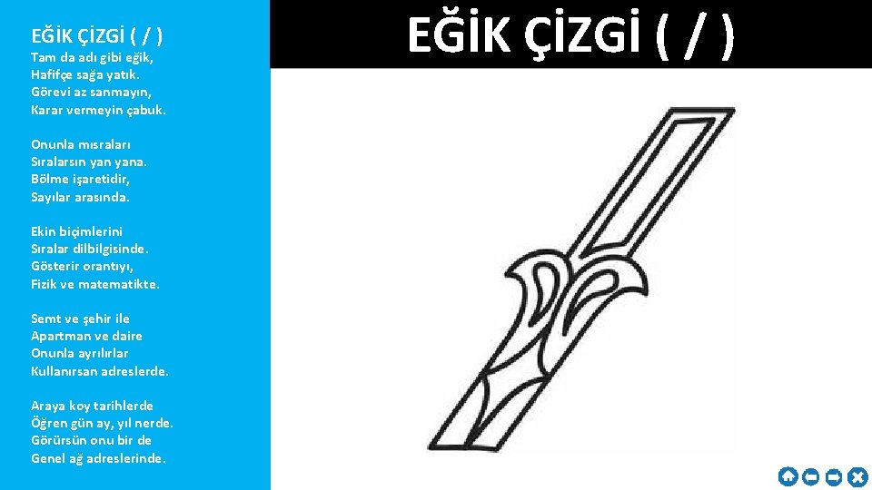 EĞİK ÇİZGİ ( / ) Tam da adı gibi eğik, Hafifçe sağa yatık. Görevi