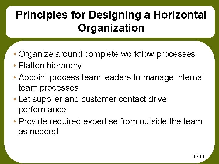 Principles for Designing a Horizontal Organization • Organize around complete workflow processes • Flatten