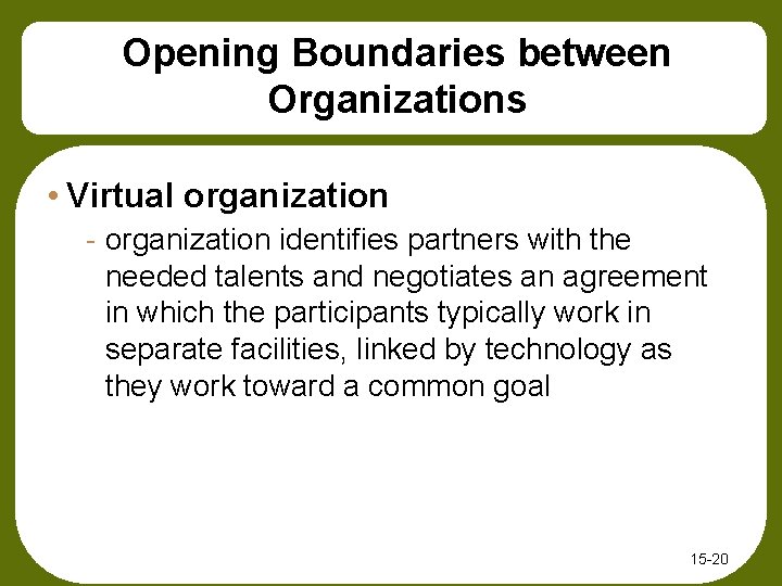 Opening Boundaries between Organizations • Virtual organization - organization identifies partners with the needed