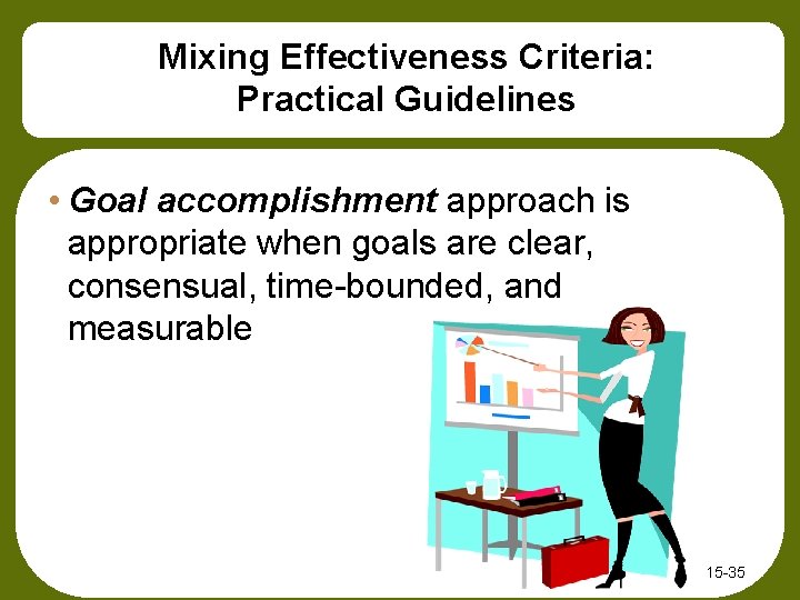 Mixing Effectiveness Criteria: Practical Guidelines • Goal accomplishment approach is appropriate when goals are