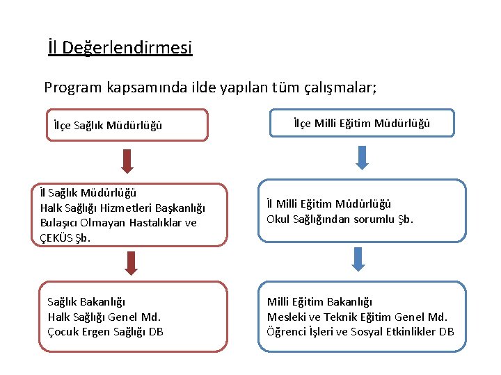 İl Değerlendirmesi Program kapsamında ilde yapılan tüm çalışmalar; İlçe Sağlık Müdürlüğü İl Sağlık Müdürlüğü