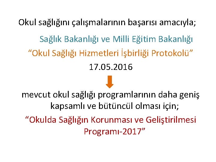 Okul sağlığını çalışmalarının başarısı amacıyla; Sağlık Bakanlığı ve Milli Eğitim Bakanlığı “Okul Sağlığı Hizmetleri