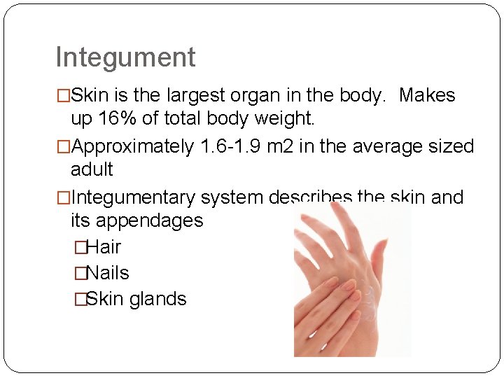 Integument �Skin is the largest organ in the body. Makes up 16% of total