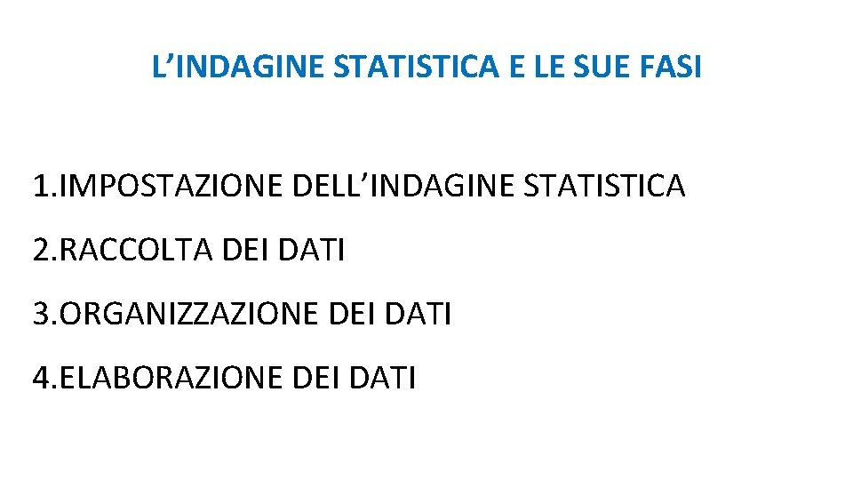 L’INDAGINE STATISTICA E LE SUE FASI 1. IMPOSTAZIONE DELL’INDAGINE STATISTICA 2. RACCOLTA DEI DATI