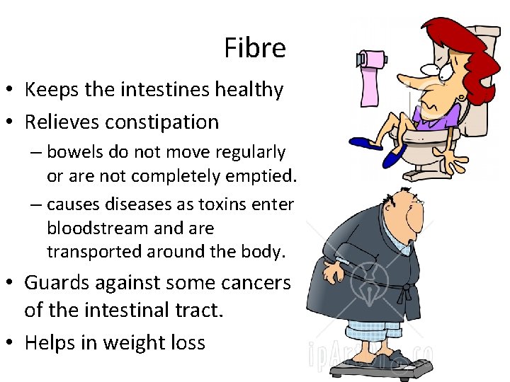 Fibre • Keeps the intestines healthy • Relieves constipation – bowels do not move