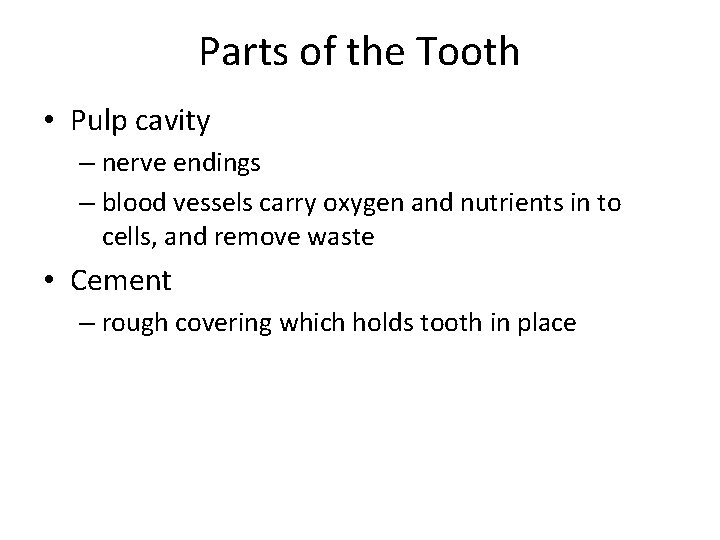 Parts of the Tooth • Pulp cavity – nerve endings – blood vessels carry