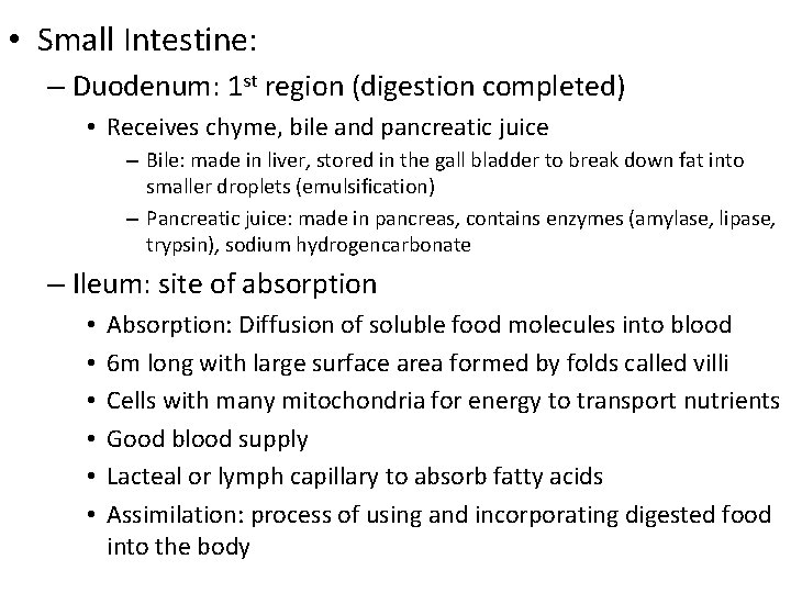  • Small Intestine: – Duodenum: 1 st region (digestion completed) • Receives chyme,