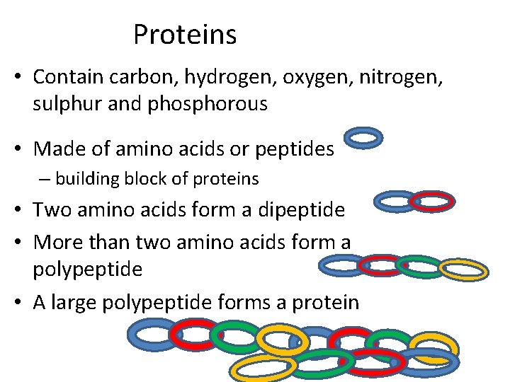 Proteins • Contain carbon, hydrogen, oxygen, nitrogen, sulphur and phosphorous • Made of amino