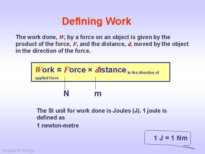 Defining Work The work done, W, by a force on an object is given