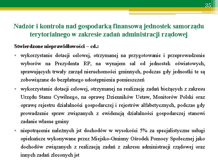 35 Nadzór i kontrola nad gospodarką finansową jednostek samorządu terytorialnego w zakresie zadań administracji