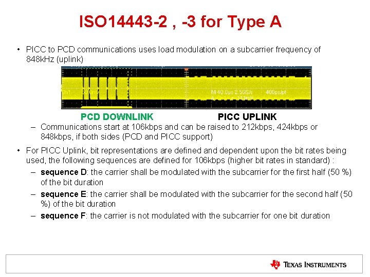 ISO 14443 -2 , -3 for Type A • PICC to PCD communications uses ISO 14443 -2 , -3 for Type A • PICC to PCD communications uses