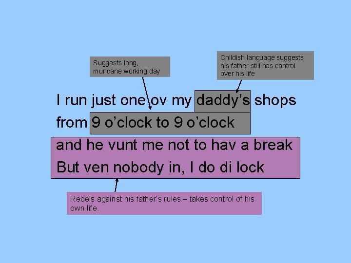 Suggests long, mundane working day Childish language suggests his father still has control over
