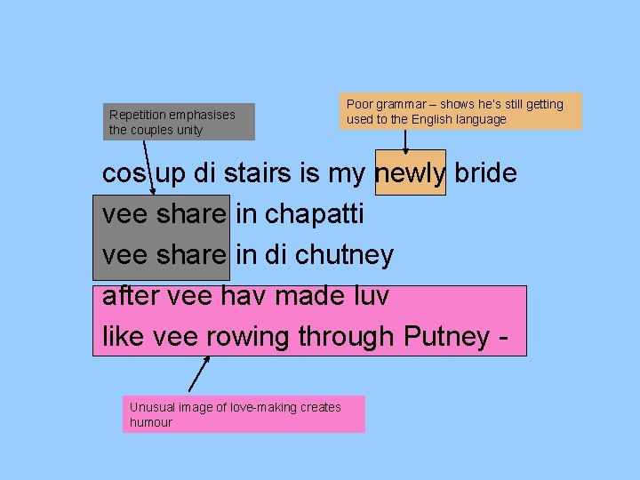 Repetition emphasises the couples unity Poor grammar – shows he’s still getting used to