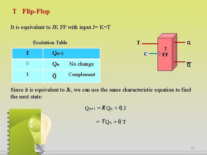 T Flip-Flop It is equivalent to JK FF with input J= K=T T Excitation