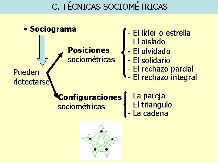 C. TÉCNICAS SOCIOMÉTRICAS • Sociograma Posiciones sociométricas Pueden detectarse - El El El líder