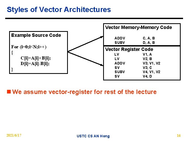 Styles of Vector Architectures Vector Memory-Memory Code Example Source Code For (i=0; i<N; i++)