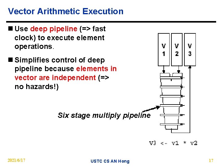 Vector Arithmetic Execution n Use deep pipeline (=> fast clock) to execute element operations.