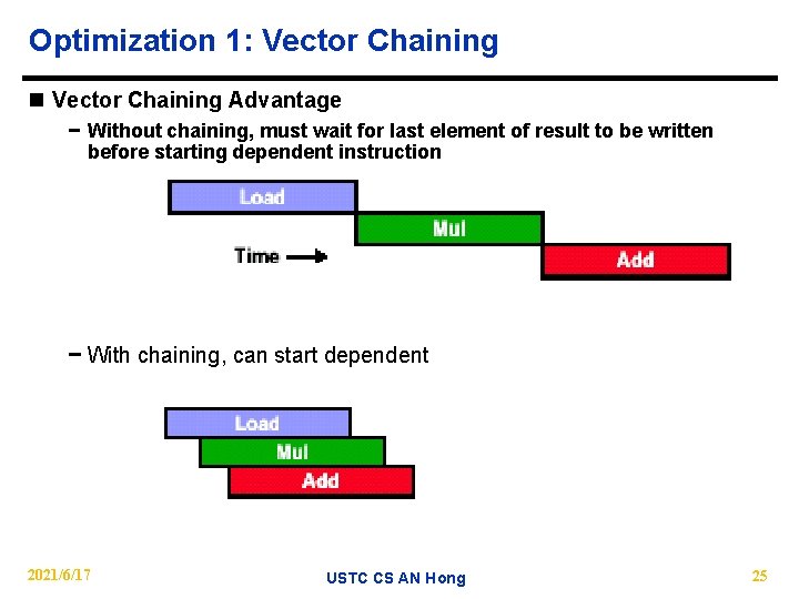 Optimization 1: Vector Chaining n Vector Chaining Advantage − Without chaining, must wait for