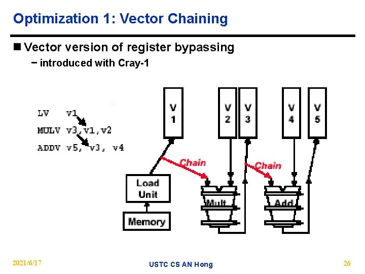 Optimization 1: Vector Chaining n Vector version of register bypassing − introduced with Cray-1