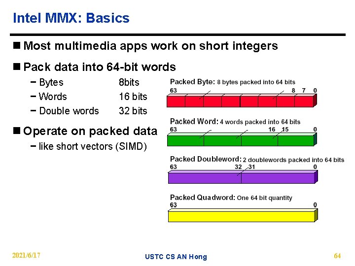 Intel MMX: Basics n Most multimedia apps work on short integers n Pack data