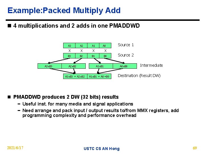 Example: Packed Multiply Add n 4 multiplications and 2 adds in one PMADDWD A